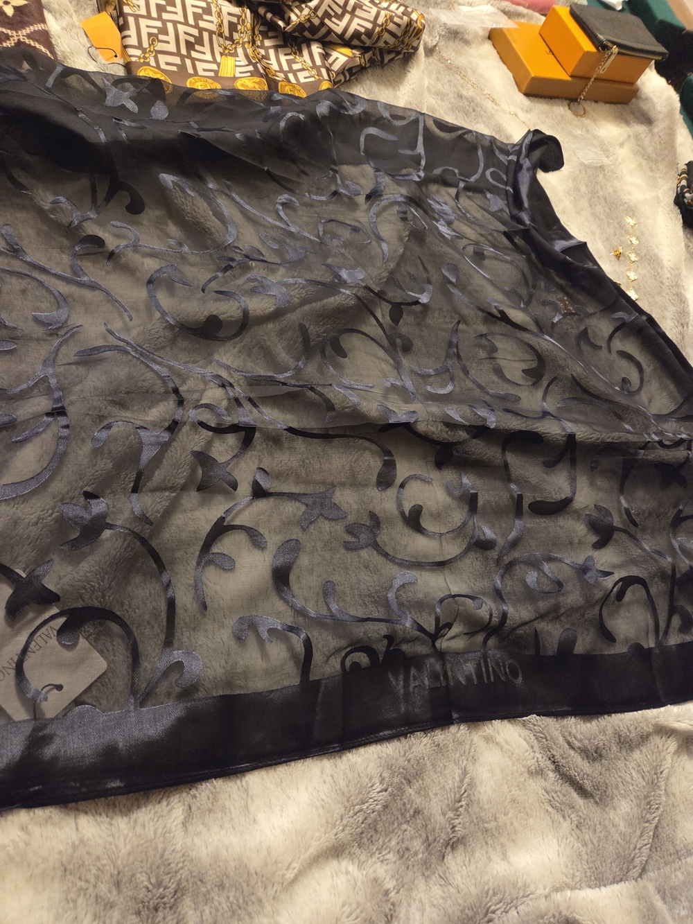 Valentino Navy Sheer Scarf with Scroll Motif NWT - Picture 4 of 7